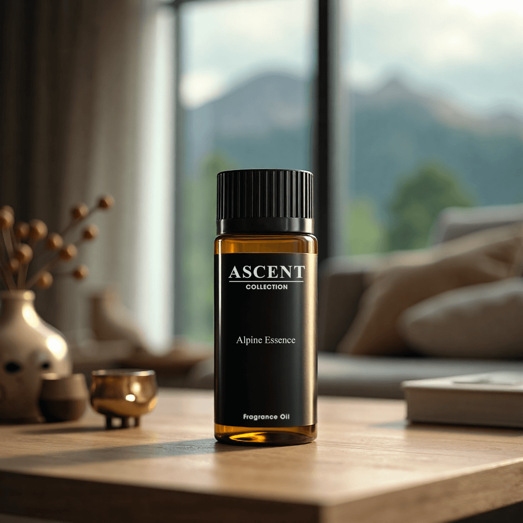 A glass bottle labeled Alpine Essence: Based on Creed Himalaya from ASCENT COLLECTION sits on a wooden table. The cozy room, adorned with cushions, a book, and a window revealing green mountains, is enriched by the fresh fragrance reminiscent of Creed Himalaya.