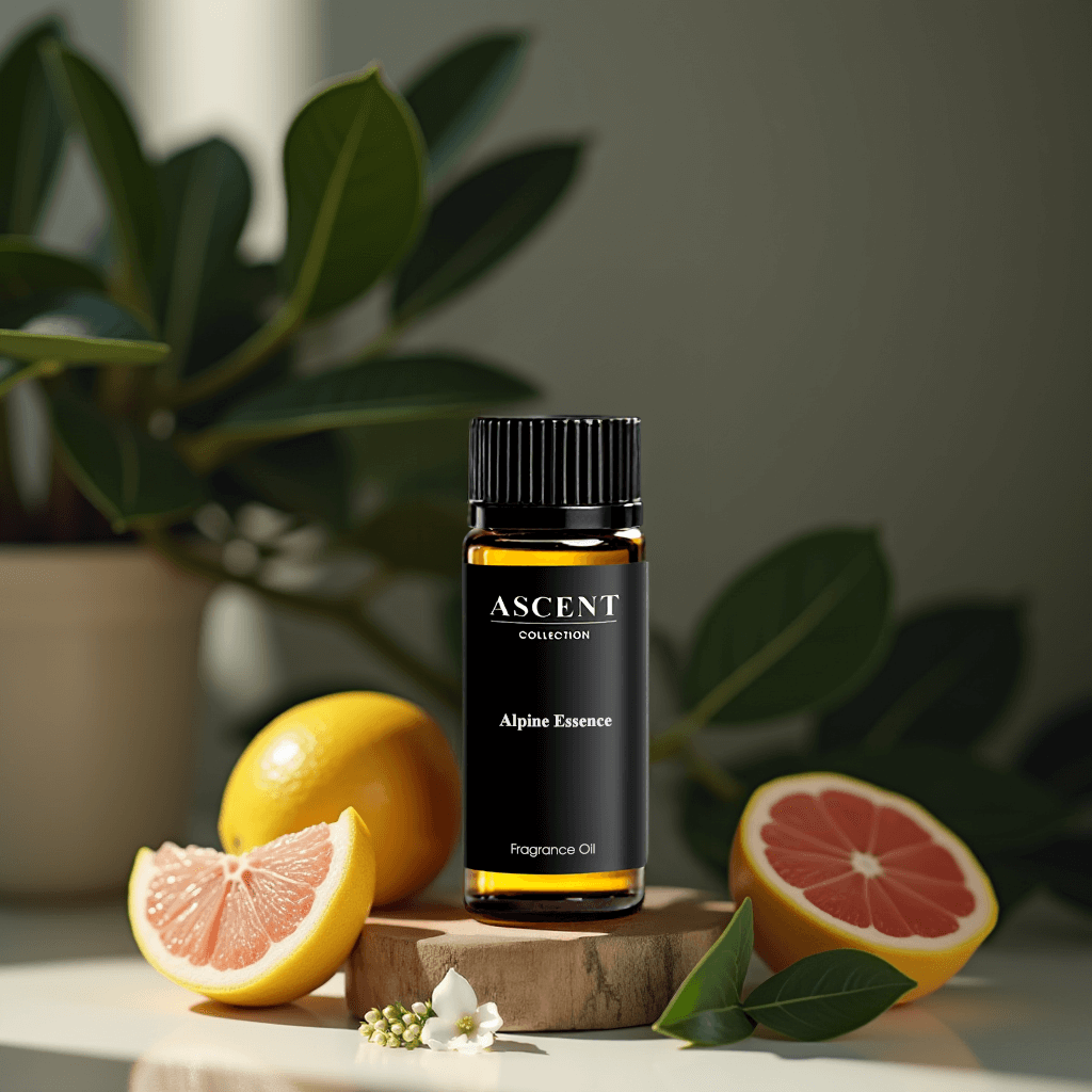 A glass bottle labeled Alpine Essence: Based on Creed Himalaya from ASCENT COLLECTION sits on a wooden table. The cozy room, adorned with cushions, a book, and a window revealing green mountains, is enriched by the fresh fragrance reminiscent of Creed Himalaya.