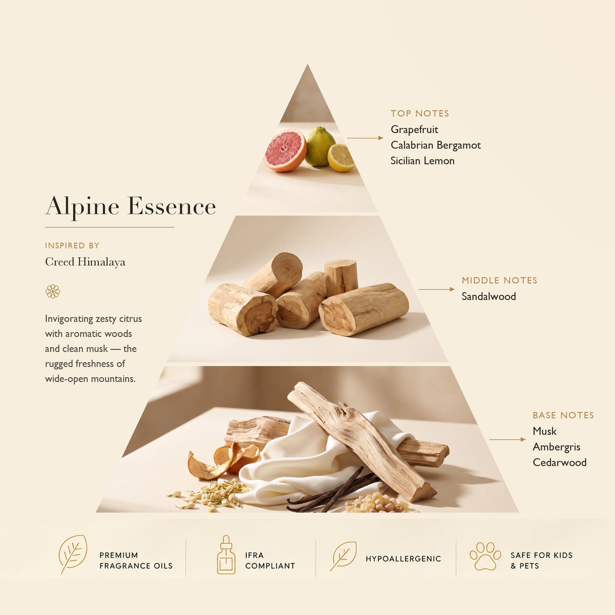 A glass bottle labeled Alpine Essence: Based on Creed Himalaya from ASCENT COLLECTION sits on a wooden table. The cozy room, adorned with cushions, a book, and a window revealing green mountains, is enriched by the fresh fragrance reminiscent of Creed Himalaya.